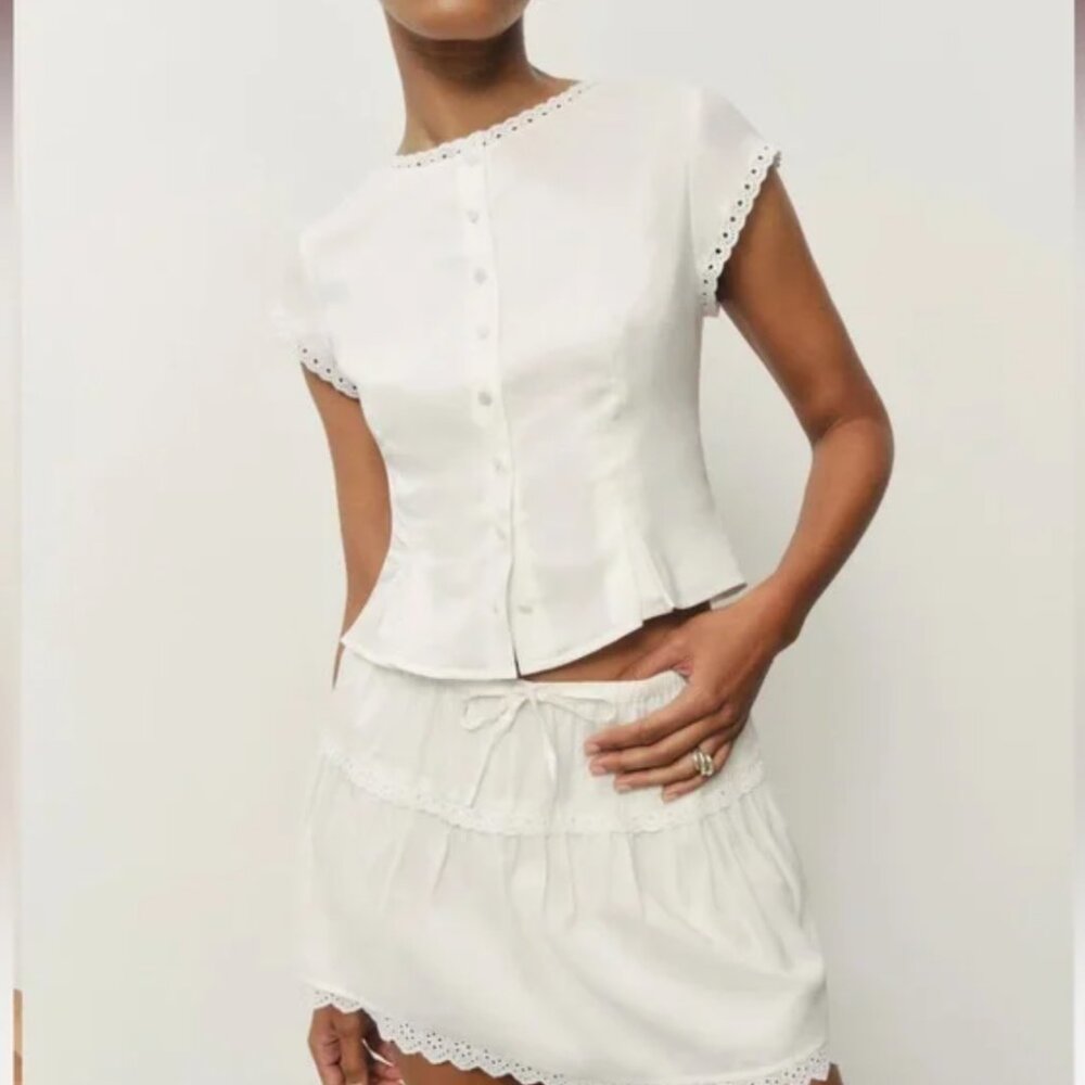 Reformation White Eyelet-Trim Cap Sleeve Blouse - Picture 5 of 6